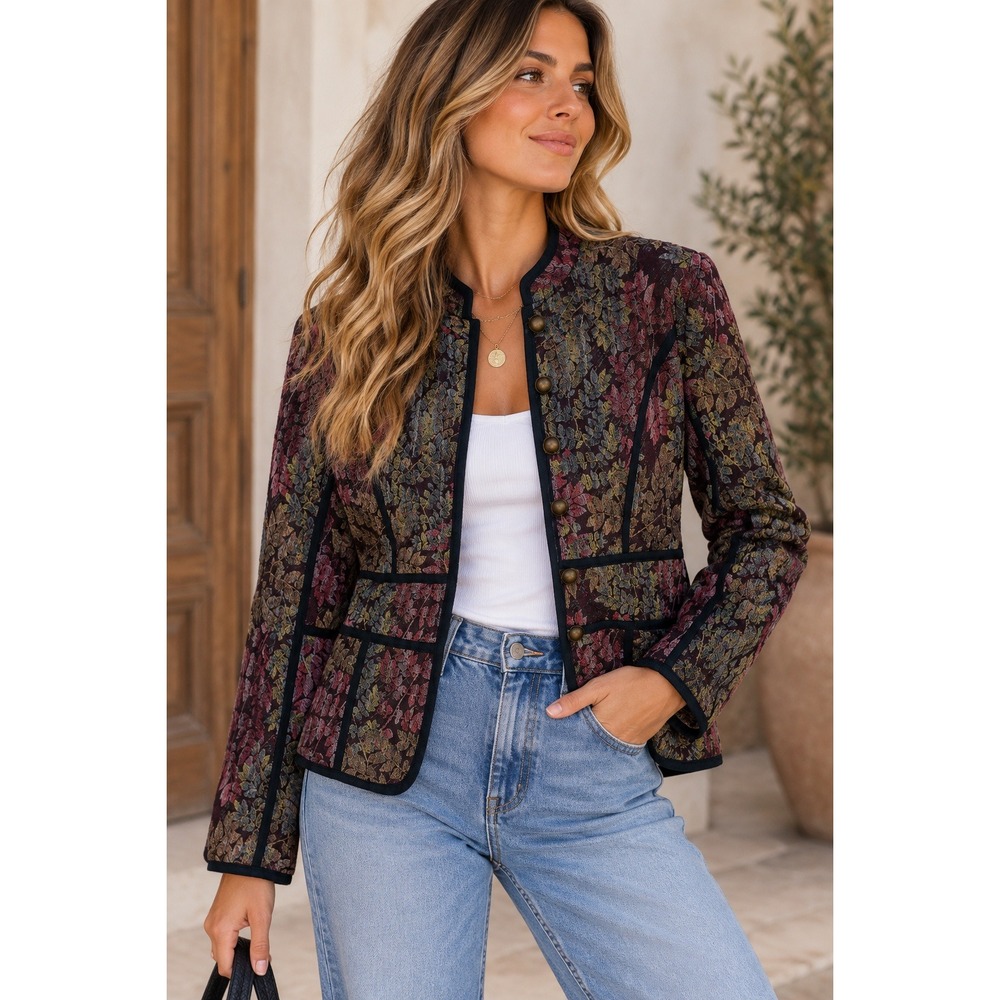 Vtg Multiples Tapestry Jacket Floral Leaf Mandarin Collar Brass Buttons Size XS